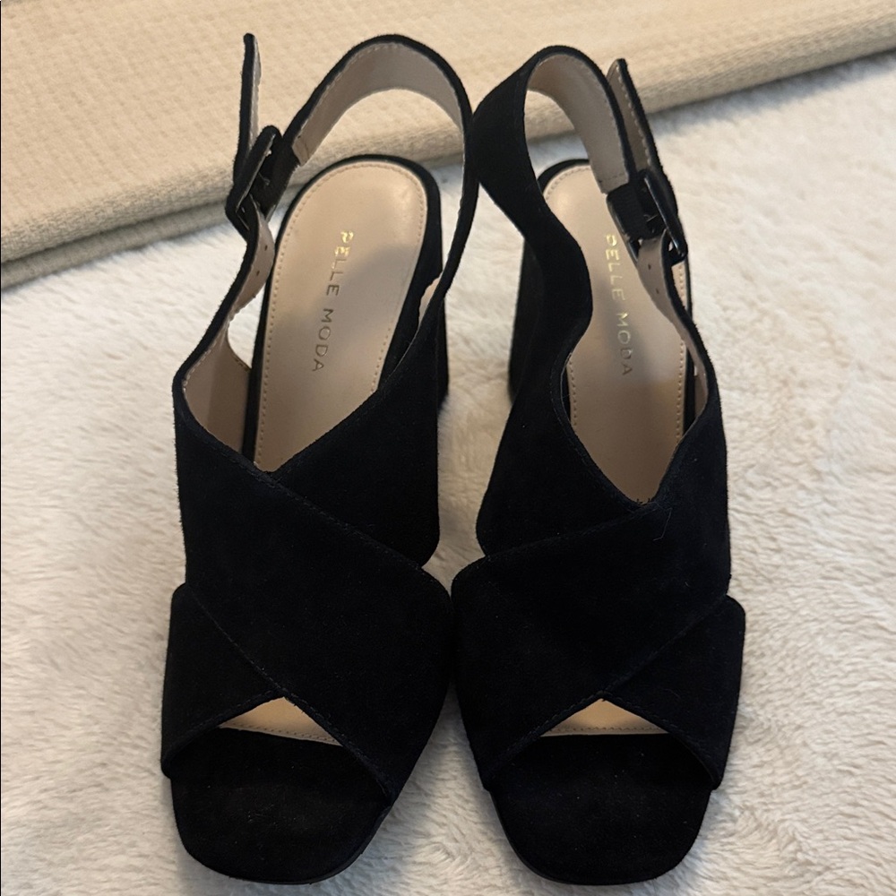Pelle Moda Black Suede Wedge Heels, size 8.5, never worn